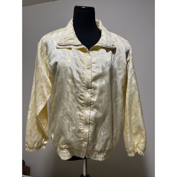 VTG 80s  Butter Yellow Floral Jacquard Windbreaker Jacket Size PL Div Rousso EVR - Picture 7 of 16